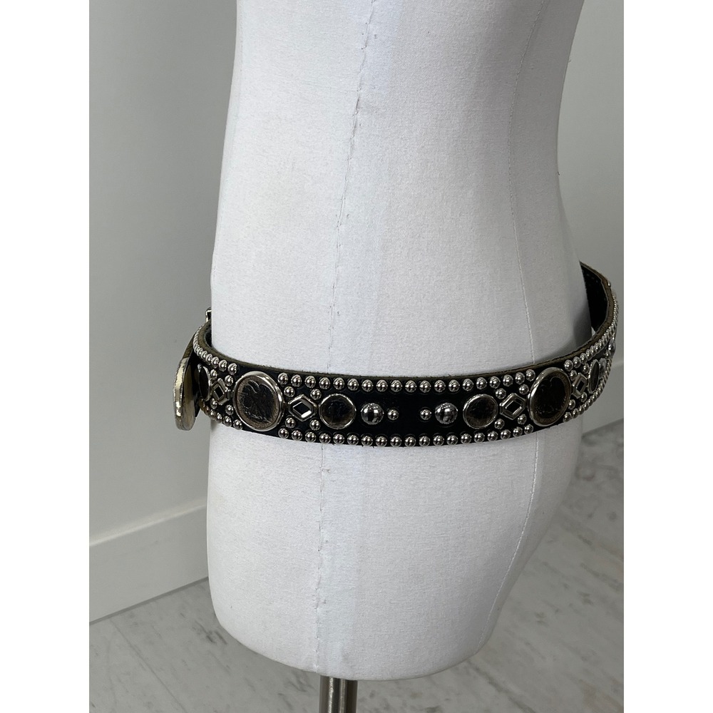 Vintage Western Studded Black Leather Belt 36 Coin Concho Silver Engraved Buckle